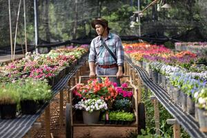jong Aziatisch tuinman is kiezen bloeiend fabriek van de lokaal tuin centrum kinderkamer met boodschappen doen kar vol van zomer fabriek voor weekend tuinieren en buitenshuis concept foto