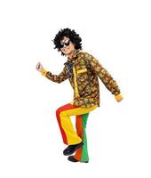 Aziatisch afro hippie Mens jurk in 80s wijnoogst mode met kleurrijk retro funk disco kleding terwijl dansen geïsoleerd Aan wit achtergrond voor luxe kleding partij en knal cultuur concept foto