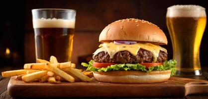 smakelijk hamburger met kaas, ui, sla, dressing, Patat, verkoudheid bier Aan een snijdend bord foto