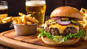 smakelijk hamburger met kaas, ui, sla, dressing, Patat, verkoudheid bier Aan een snijdend bord foto