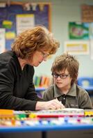 een foto vastleggen een leraar assisteren een leerling met zichtbaar bijzondere waardeverminderingen gebruik makend van braille leerboeken en tactiel aan het leren materialen in een klas, presentatie van leerzaam accommodaties voor toegankelijkheid.