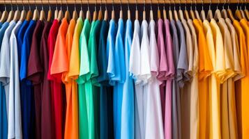 dichtbij omhoog van kleurrijk t-shirts Aan hangers voor Mens, kleding achtergrond. verscheidenheid van kleuren van Mannen t-shirts. grijs, zwart, wit, olijf, groente, blauw, bordeaux. hoog kwaliteit foto
