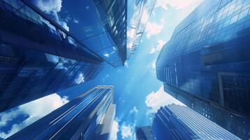 perspectief en onderkant hoek visie van modern glas wolkenkrabbers van de gebouw tegen de blauw helder Doorzichtig lucht. hoog kwaliteit foto
