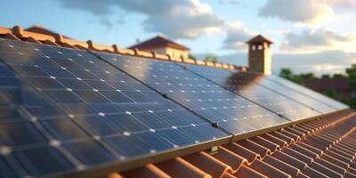 fotovoltaïsche panelen Aan de dak . dak van zonne- panelen. visie van zonne- panelen , zonne- cel in de dak huis met zonlicht. hoog kwaliteit foto