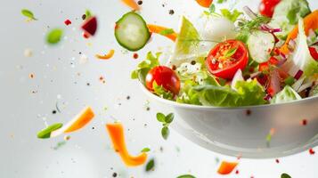 vliegend groente salade ingrediënten over- transparant en wit schaal. vitamines en gezond aan het eten concept. hoog kwaliteit foto