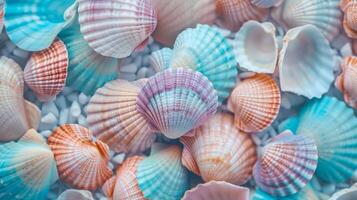 een verzameling van levendig zee schelpen geregeld symmetrisch Aan een wit oppervlak, presentatie van natuurlijk schoonheid en ingewikkeld patronen in elektrisch blauw, magenta, en andere tinten. hoog kwaliteit foto