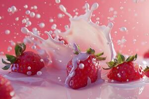 aardbeien met melk golven, aardbei drinken en aardbei yoghurt reclame ontwerp. aardbei melk schudden, 3d veroorzaken. hoog kwaliteit foto