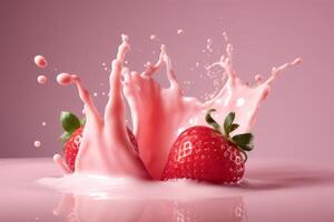 aardbeien met melk golven, aardbei drinken en aardbei yoghurt reclame ontwerp. aardbei melk schudden, 3d veroorzaken. hoog kwaliteit foto