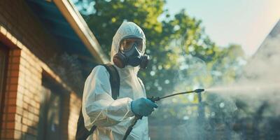 persoon in Hazmat pak desinfecteren straat met sproeier. oppervlakte behandeling gedurende coronavirus pandemie. een vent van de plaag controle onderhoud in een masker en een wit beschermend pak sprays giftig gas- foto