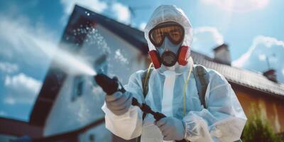 persoon in Hazmat pak desinfecteren straat met sproeier. oppervlakte behandeling gedurende coronavirus pandemie. een vent van de plaag controle onderhoud in een masker en een wit beschermend pak sprays giftig gas- foto