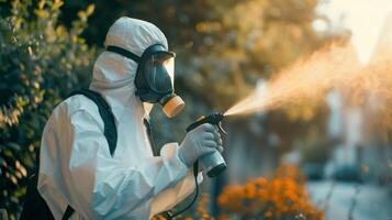 persoon in Hazmat pak desinfecteren straat met sproeier. oppervlakte behandeling gedurende coronavirus pandemie. een vent van de plaag controle onderhoud in een masker en een wit beschermend pak sprays giftig gas- foto