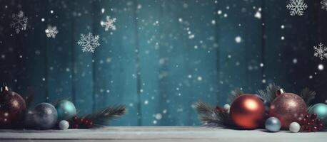 Kerstmis achtergrond met sneeuwvlokken, ornamenten en Spar boom takken. winter banier met kopiëren ruimte voor tekst. foto