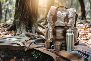 rugzak, thermosfles, deken en cups met een drankje. picknick in natuur. wandelen concept. foto