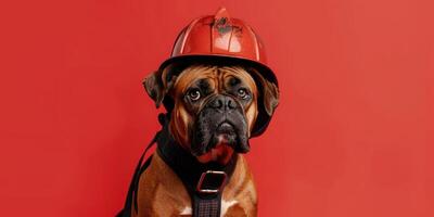 redden hond in een helm Aan een rood achtergrond met kopiëren ruimte. brandweerman hond foto