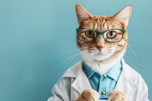 schattig kat dokter in een medisch japon Aan een pastel achtergrond. kopiëren ruimte, banier foto