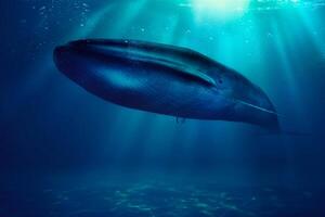 oceaan blauw serenade, de prachtig blauw walvis aarde grootste schepsel, voogd van de afgrond, onthult haar grootsheid. haar enorm het formulier gieten schaduwen Aan de diep foto