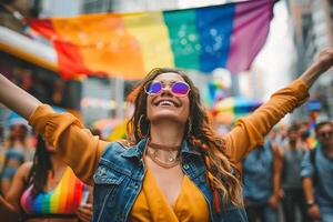 lgbt beweging deelnemers wandelen naar beneden de straat met vlaggen foto