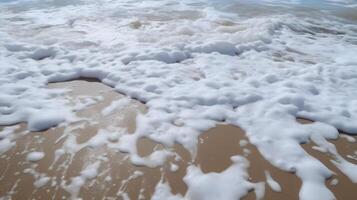 zanderig strand gewassen door zee water met schuim foto