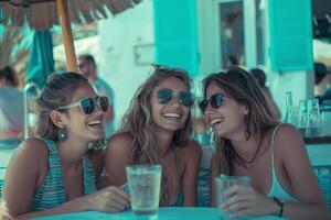 vriendinnetjes zittend en hebben pret Bij strand bar met cocktails foto