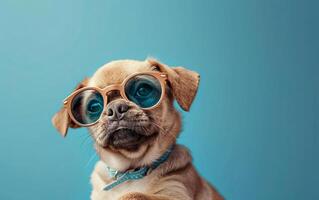 schattig gouden hond vervelend zonnebril Aan blauw achtergrond foto