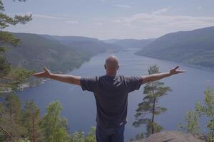 Mens staat Aan de rand van klif met zijn armen uitgestrekt en looks Bij mooi landschap met bergen en rivier- foto