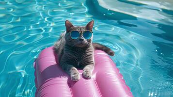 schattig grijs kat in zonnebril leugens Aan opblaasbaar roze vlot in de zwembad. zomer rust uit achtergrond foto