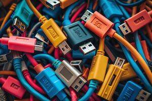 gekleurde kabels met divers connectoren, zo net zo hdmi, usb-a, Scherm haven foto
