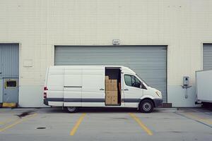 kant foto van wit bestelwagen. concept van logistiek en levering van klein lading en pakketten