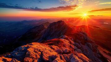 verbazingwekkend landschap van zon stijgen van de top van berg foto