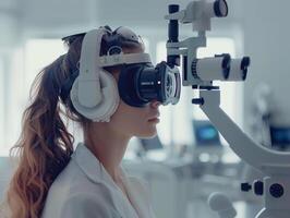 een meisje tests haar gezichtsvermogen gebruik makend van een nieuw high Tech machine. oogheelkunde kliniek. esthetisch foto