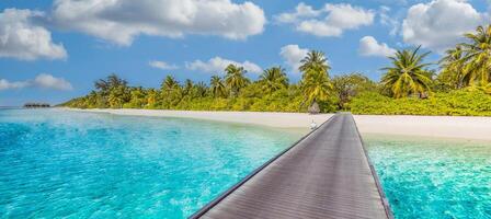 mooi tropisch Maldiven eiland tafereel blauw zee, blauw lucht vakantie vakantie verticaal achtergrond. houten pad, pier. verbazingwekkend zomer reizen concept. oceaan baai palm bomen zanderig strand. exotisch natuur foto