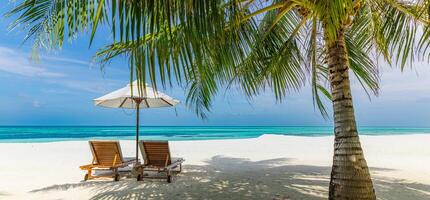 mooi panoramisch zee zand lucht. tropisch kom tot rust strand zonnig zomer eiland landschap. liefde paar stoelen paraplu palm bladeren romantisch kust. luxe reizen bestemming. huwelijksreis vakantie het beste vakantie foto