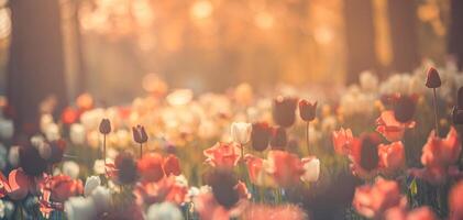 verbazingwekkend vers tulp bloemen bloeiend in tulp veld- onder achtergrond van wazig tulp bloemen onder zonsondergang licht. romantisch lente natuur mooi natuurlijk voorjaar tafereel, structuur voor ontwerp copyspace foto