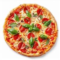 pizza geïsoleerd Aan wit achtergrond, online levering van pizzeria, nemen weg en snel voedsel foto