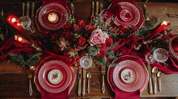 valentijnsdag dag tafellandschap en tafel decor, romantisch tafel instelling met bloemen, formeel avondeten en datum, mooi bestek en serviesgoed foto