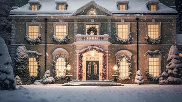 Kerstmis in de platteland landhuis, Engels land huis herenhuis versierd voor vakantie Aan een besneeuwd winter avond met sneeuw en vakantie lichten, vrolijk Kerstmis en gelukkig vakantie foto