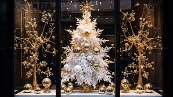 Kerstmis decoratie details Aan Engels gestileerd luxe hoog straat stad op te slaan deur of boodschappen doen venster Scherm, vakantie uitverkoop en winkel decor foto