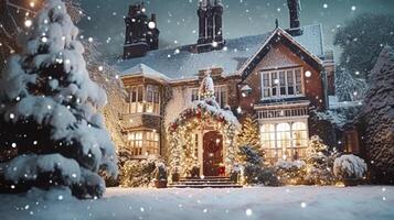 Kerstmis in de platteland landhuis, Engels land huis herenhuis versierd voor vakantie Aan een besneeuwd winter avond met sneeuw en vakantie lichten, vrolijk Kerstmis en gelukkig vakantie foto