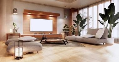 kast in woonkamer met tatami mat vloer en sofa fauteuil design.3d rendering foto