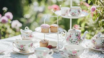 verrukkelijk middag thee met cakes en gebakjes foto