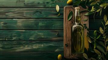 olijf- olie fles advertentie achtergrond met kopieerruimte, groente olie reclame produceren, voedsel industrie en kleinhandel foto