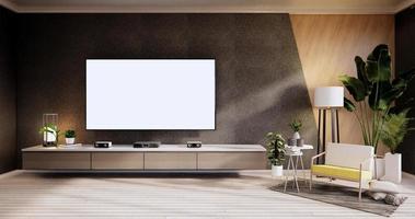 tv-kast, fauteuil op houten vloeren en zwart en houten wandontwerp, minimalistisch wooninterieur.3D-rendering foto