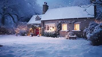 Kerstmis in de platteland, huisje en tuin versierd voor vakantie Aan een besneeuwd winter avond met sneeuw en vakantie lichten, Engels land styling foto