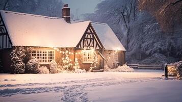 Kerstmis in de platteland, huisje en tuin versierd voor vakantie Aan een besneeuwd winter avond met sneeuw en vakantie lichten, Engels land styling foto