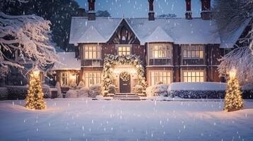 Kerstmis in de platteland landhuis, Engels land huis herenhuis versierd voor vakantie Aan een besneeuwd winter avond met sneeuw en vakantie lichten, vrolijk Kerstmis en gelukkig vakantie foto