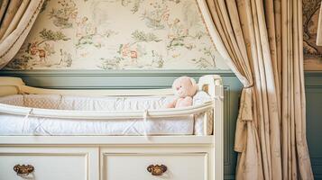 baby kamer decor en interieur ontwerp inspiratie in de Engels platteland stijl huisje foto