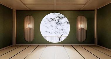 cirkel plank wandontwerp, groene lege kamer japans ontwerp, tatami mat vloer. 3D-rendering foto