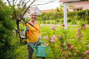 portret van gelukkig senior vrouw tuinieren. foto