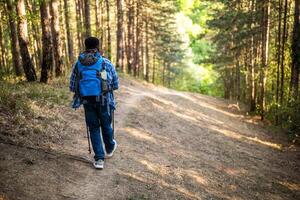 Mens geniet wandelen in natuur. foto