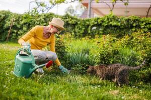 senior vrouw geniet tuinieren planten met haar schattig kat foto